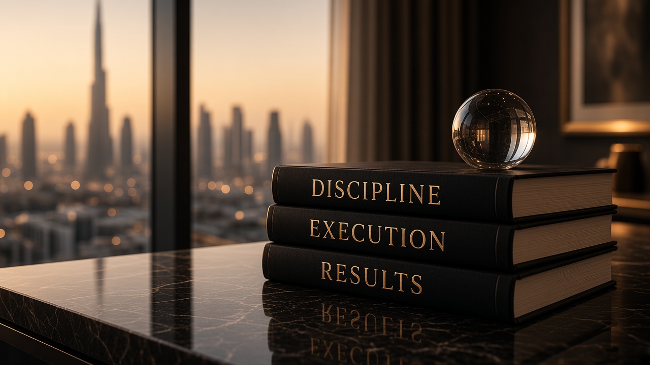 Executive desk with bound volumes for discipline, execution and results